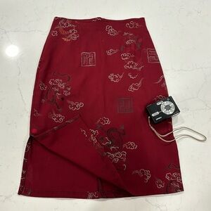 🀄️🐉Vintage Asian inspired pencil skirt brick red, side slit.